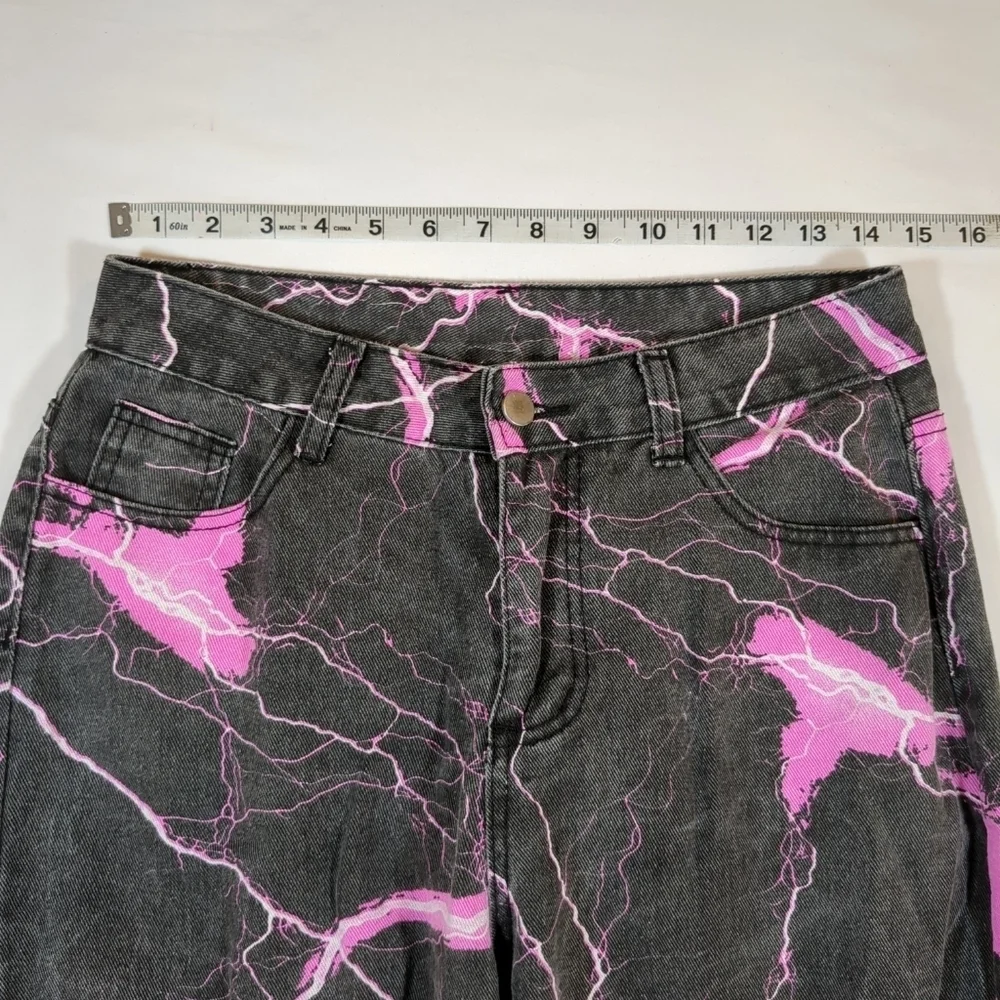 Lighting print women's wide leg black and pink jeans, size L
